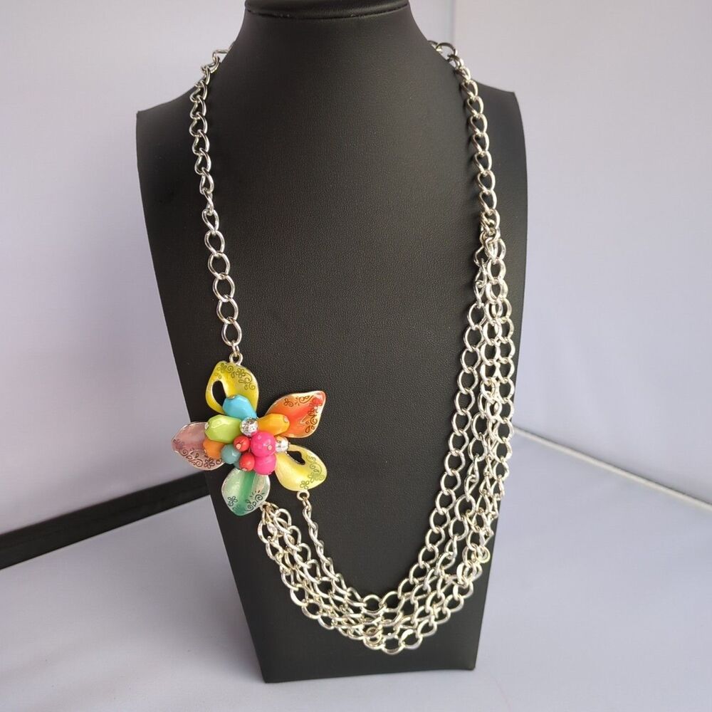 Vintage Signed JJ Floral Necklace Enamel Multicolored 28"